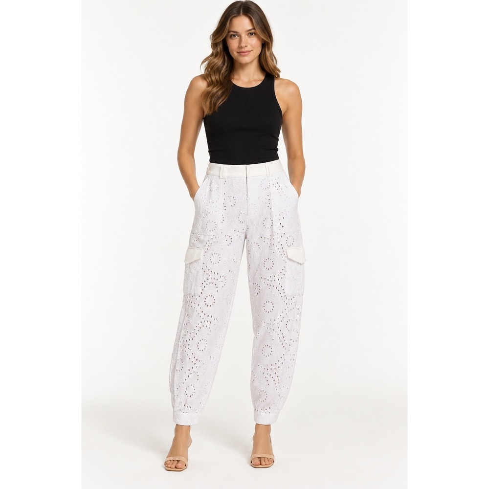 Express Womens White Eyelet Lace High Rise Cargo Tapered Pants Size 4